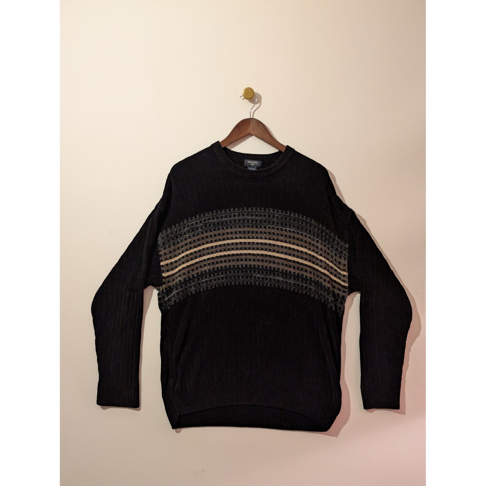 Dockers Sweater Mens XL Black Striped Chenille Ribbed Crewneck Good Vintage 90s